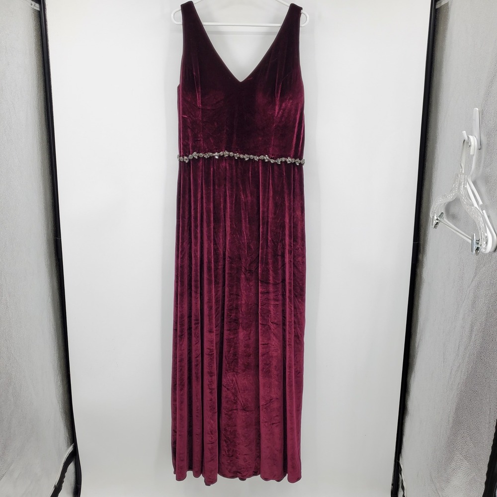 Morilee Madeline Gardner Burgundy Velvet Rhinestone Waist Maxi Gown Dress Formal